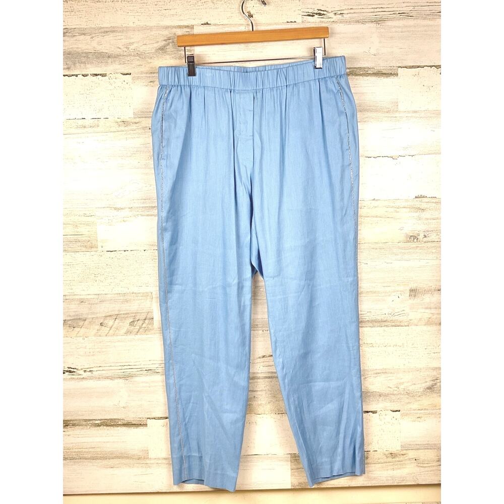 Peserico Womens 16 Blue Linen Viscose Elastic Waist Wide Leg Dress Pants NEW